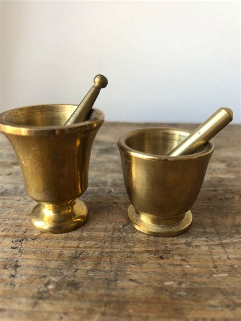 Vintage Miniature Solid Brass Pair Of Mortar And Pestle Mortar And