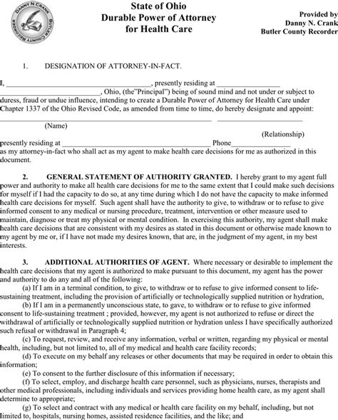 Free Ohio Health Care Power Of Attorney Form Pdf 132kb 6 Pages