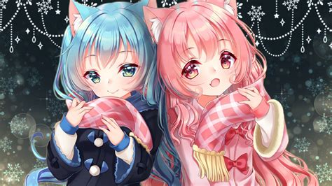 Anime Girls Loli Pink And Blue Hair Animal Ears Cute