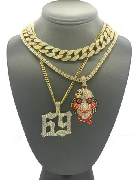 Mens Gold Miami Cuban Choker With Tekashi 69 Saw And 69 Pendant Necklace
