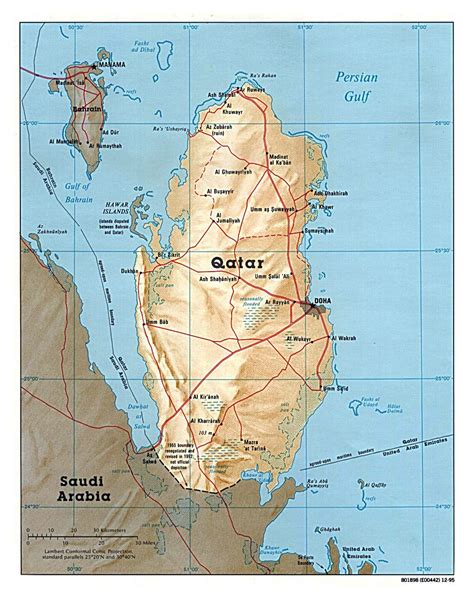Detailed Political Map Of Qatar With Relief Roads And Cities 1995