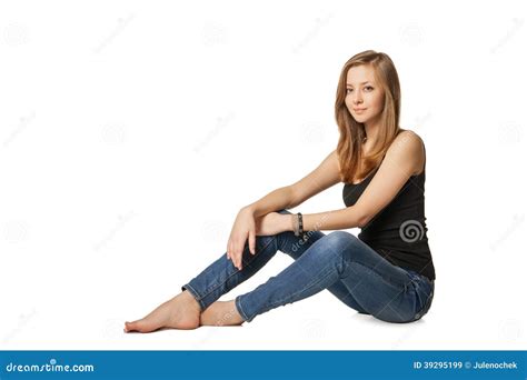 Attractive Girl Sitting On Floor Over White Stock Image Image Of