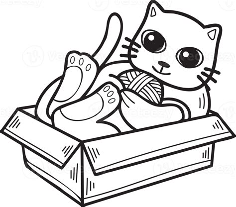 Free Hand Drawn Cat Playing With Yarn In A Box Illustration In Doodle