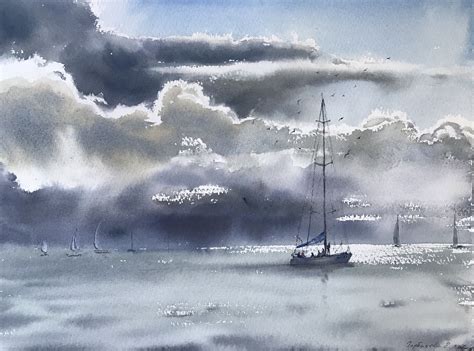 Sailboat And Clouds Watercolor Painting Original Artwork Etsy
