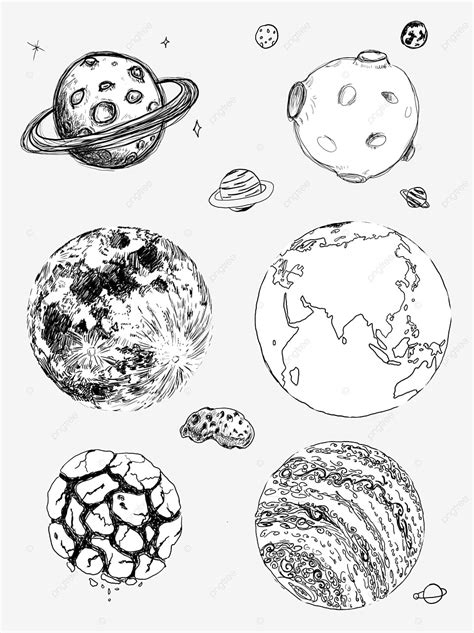 Black And White Hand Drawn Sketch Of The Moon And Planets Hand Draw