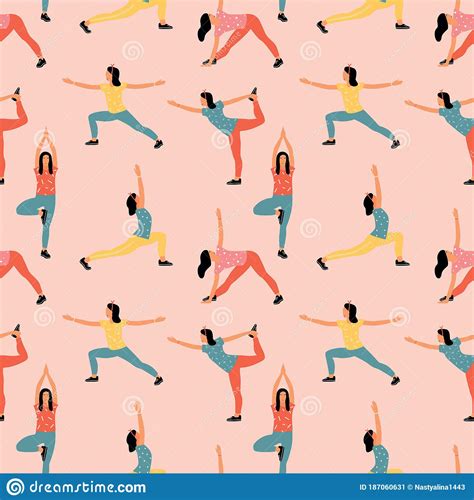 Seamless Pattern With Woman Doing Yoga At Home Illustration With