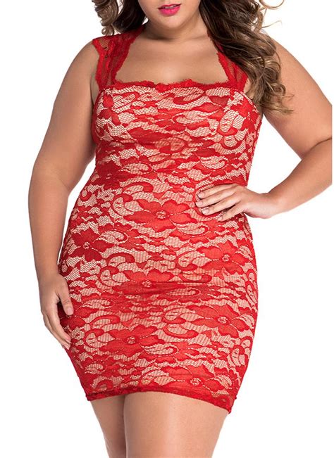Red Lace Nude Illusion Plus Size Bodycon Dress