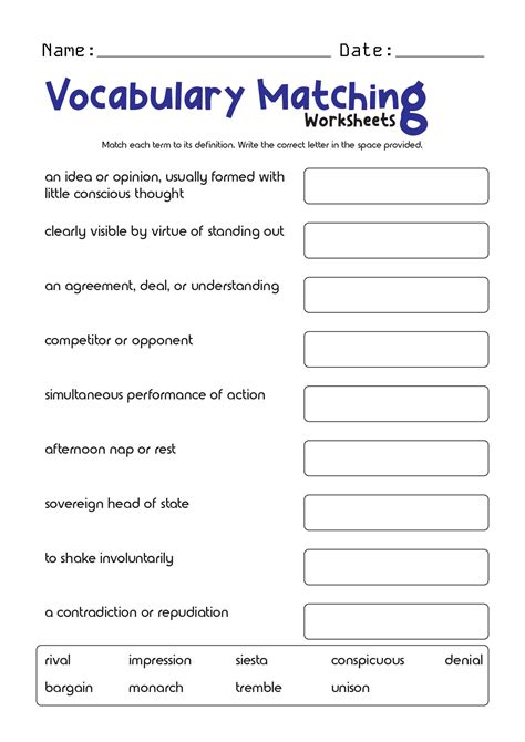 Matching Definitions To Words Worksheets Free Pdf At Worksheeto Com