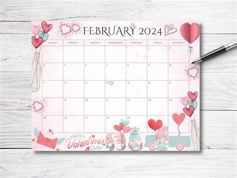 Editable February Calendar Sweet Valentine With Cute Gnomes Printable Editable