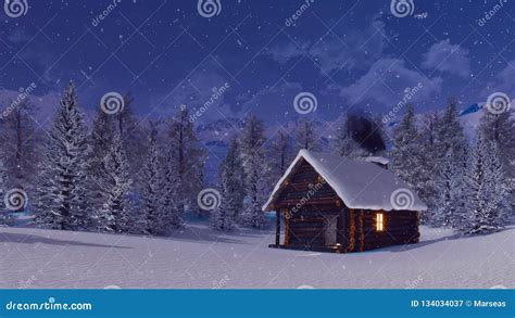 Log Cabin With Smoking Chimney At Winter Night Stock Video Video Of