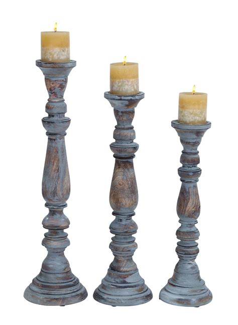 14341 Wooden Candle Stand With Antiqued Finish Set Of 3