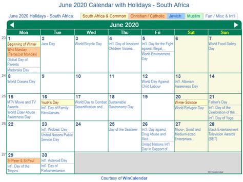 Print Friendly June 2020 South Africa Calendar For Printing