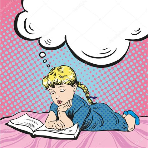 Little Girl Reading Book On A Bed Vector Illustration In Comic Pop Art
