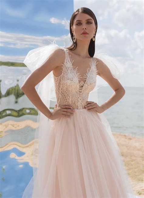 Embroidered Lace Ivory Blush Simple Modern Wedding Dress Tulle Etsy