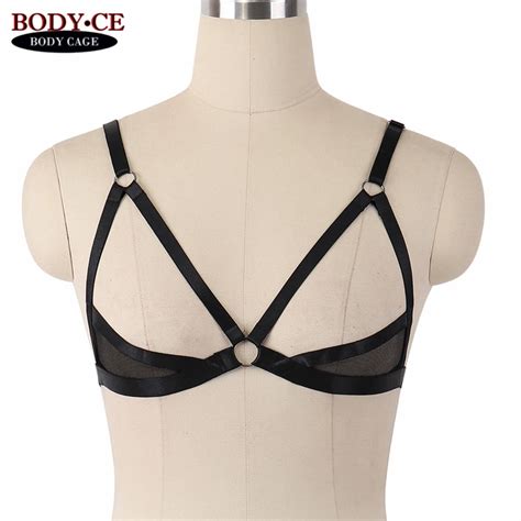Womens Sexy Lace Sheer Caged Bralette Black Elastic Bustier Soft Cup Body Harness Lingerie Tops