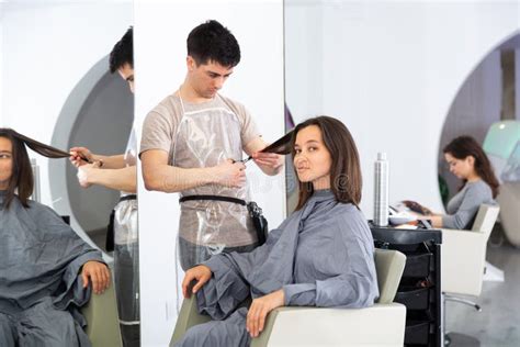 Woman Client In During Cuts Hair At Beauty Salon Stock Photo Image Of