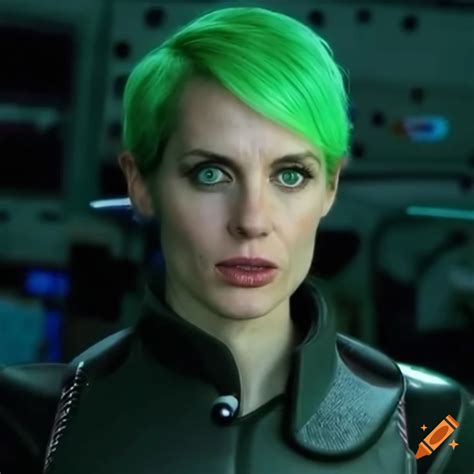 futuristic woman with short green hair and green eyes