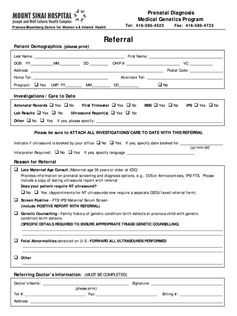 Mount Sinai Hospital Prenatal Diagnosis Referral Fill And Sign