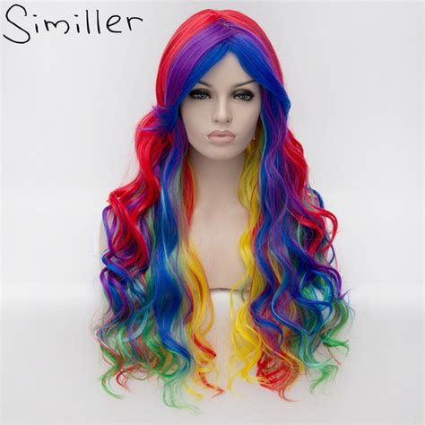 Similler 28 Inch Long Rainbow Big Wavy Ombre Cosplay Synthetic Wig For
