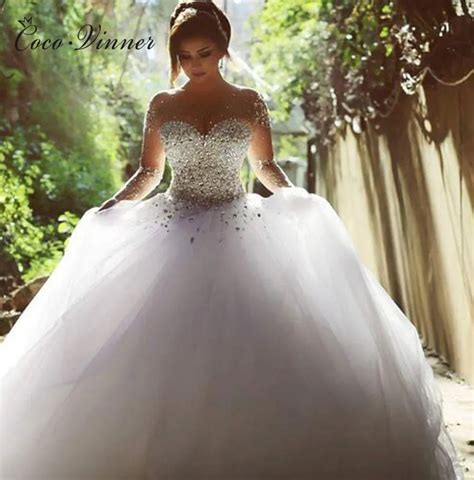 Luxury Crystal Beading Tulle Ball Gown Wedding Dresses 2019 African Style Plus Size Long Sleeve