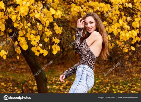 Topless Young Girl Topless Young Girl With Long Brown Hair In Autumn