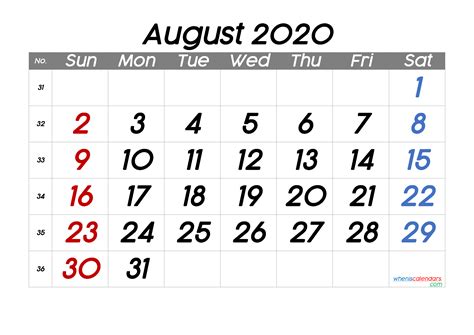 Free Printable August 2020 Calendar Premium