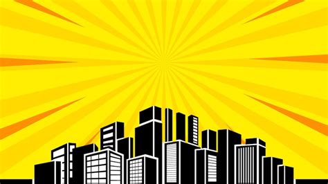 Premium Vector Comic Yellow Burst Background With City Silhouette