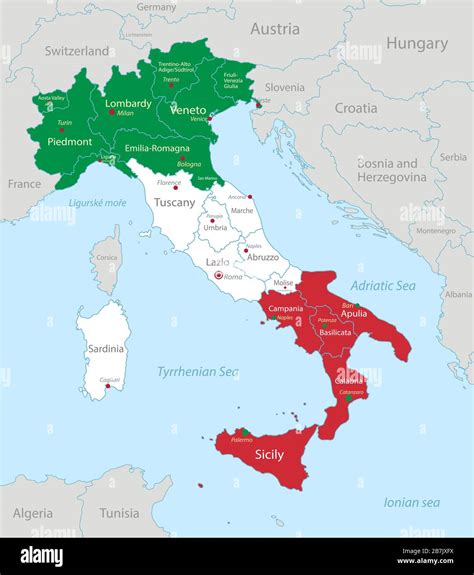 Italia Mapa En Colores De Bandera Con Estados Vecinos División Administrativa Y Nombres Con