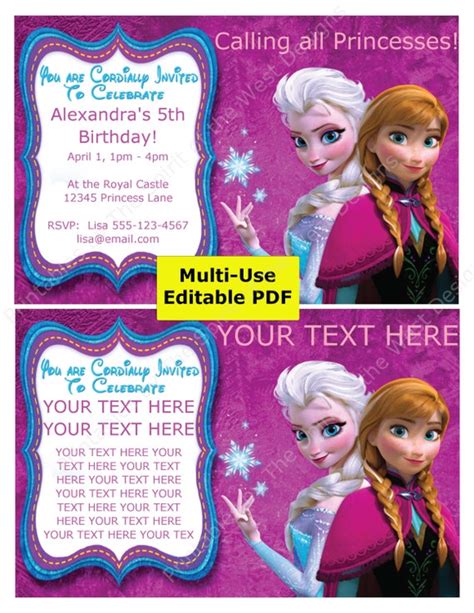 Sale Frozen Party Invitation Editable Pdf Disney Princess Birthday