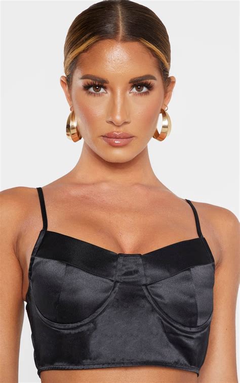 Black Satin Cup Strappy Bralet Tops Prettylittlething Usa