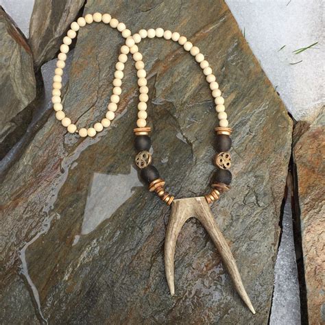 Antler Necklace With Cream Wooden Beads Brown Sea Glass And African