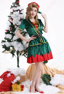 Women Adult Mrs Elf Red And Green Performance Lycra Fiber Couple Outfit Cosplay Costume For