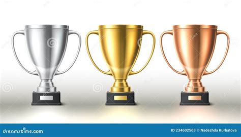 Golden Silver Bronze Cups Different Prize Places Awards Realistic