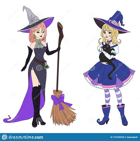 Set Of Two Witches Holding Black Cat And Broom Stock Vector