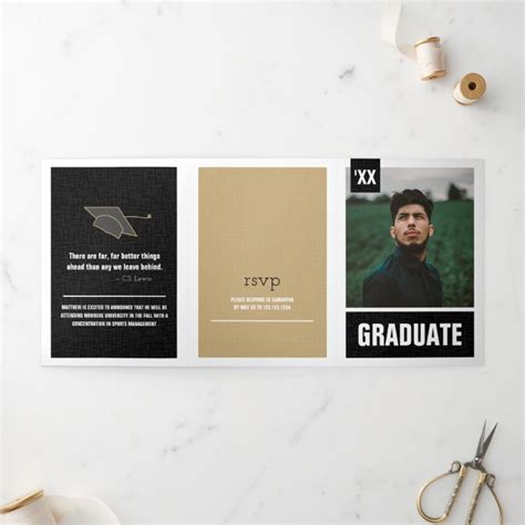 Black Modern Textured Photo Graduation Tri Fold Invitation
