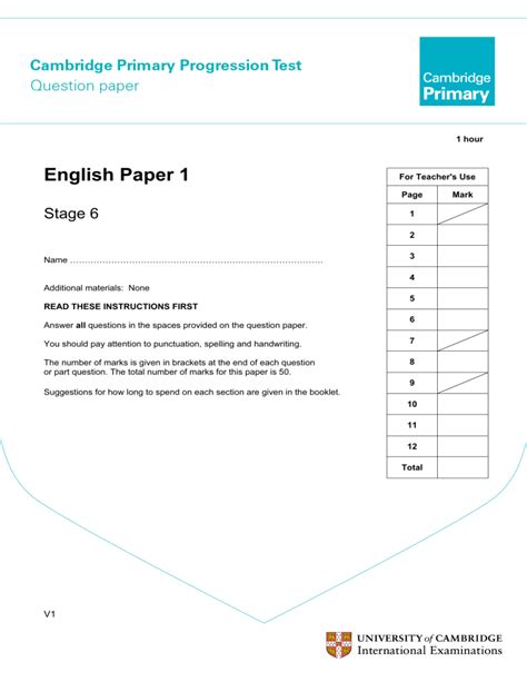 Primary Progression Test Stage 6 English Paper 1
