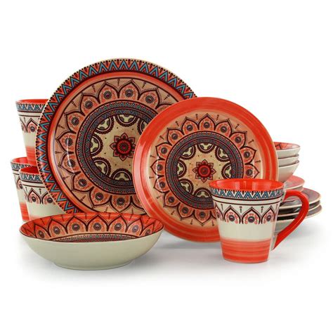 Elama Zen 16 Piece Casual Orange Stoneware Dinnerware Set Service For