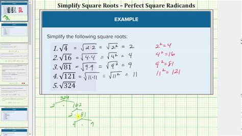 Simplify Square Roots Perfect Square Radicands Youtube