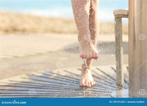 Woman Cleaning Feet In A Shower After Beach Day Stock Photo Image Of