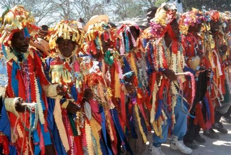 haitian rara band in cloth strip costumes in the style of the artibonite valley nick cave