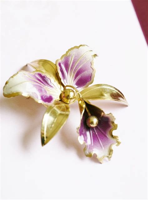 Purple Enamel Orchid Brooch Pin Vintage Gold Tone Etsy Purple