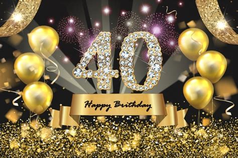 Happy 40th Birthday Party Gold Balloons Sequins Black Background