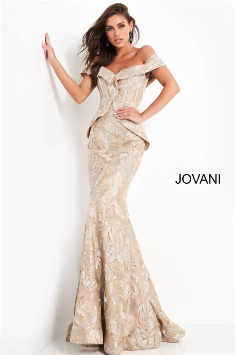 Jovani 02762 Gold Peplum Embellished Sheath Evening Dress