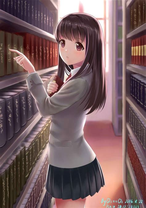 Long Hair Brunette Anime Anime Girls Brown Eyes Library Books