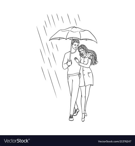 Girl And Boy Kissing In The Rain Drawing