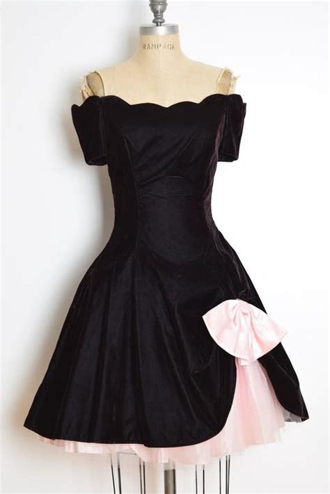 Vintage 80s Dress Black Velvet Pink Tulle Off Shoulder Party Prom Dress Xs S Vintage Dress 80s