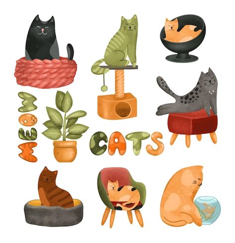 Premium Vector Cute And Funny Colorful Cats Set And Cat Beds