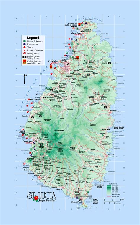 Detailed Tourist And Elevation Map Of Saint Lucia With Roads Cities