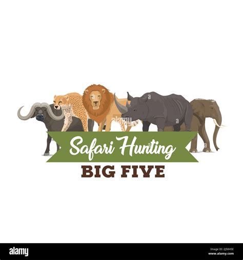 Safari Hunting Vector Big Five Animals Cartoon Elephant Lion Rhino
