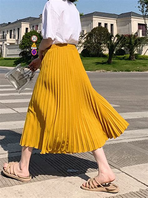 Womens Fashion Pleated Midi Long Skirt Female Korean Japanese Casual